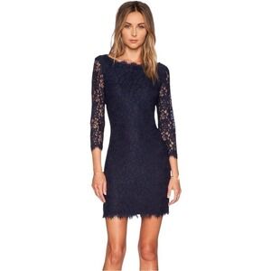 DVF Diane von Furstenburg Mini Dress‎ Zarita Lace 3/4 Sleeve Navy 2-Way Zip 4